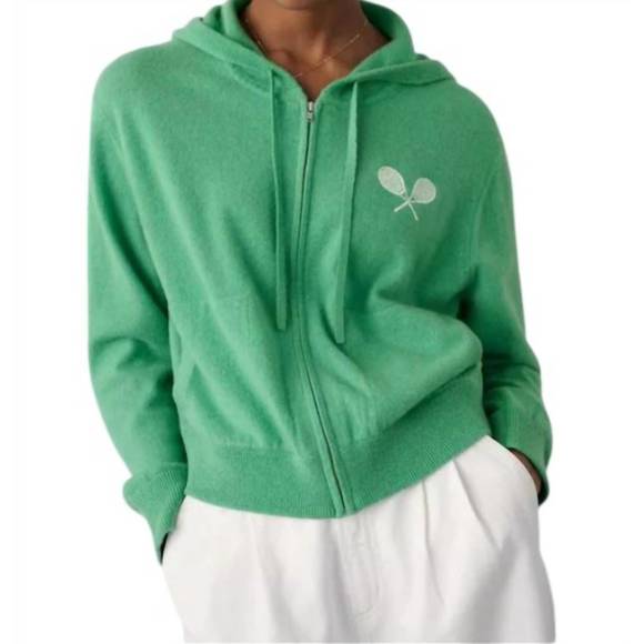 NEW WHITE + WARREN cashmere racket cropped zip hoodie in retro green - Picture 1 of 3